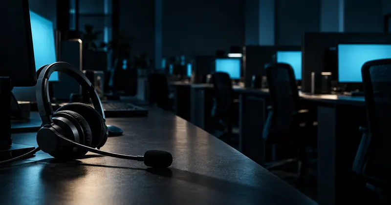Headset de atendimento sobre a mesa de uma central vazia