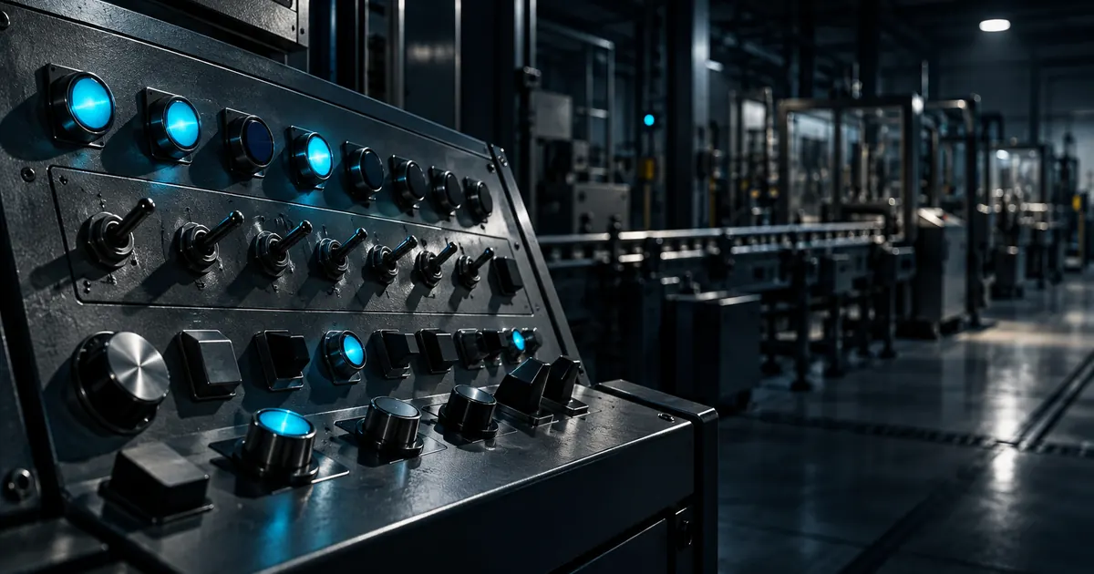 Painel de controle industrial com indicadores acesos em sequência