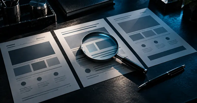 Três propostas de site impressas lado a lado, com uma lupa sobre a do meio