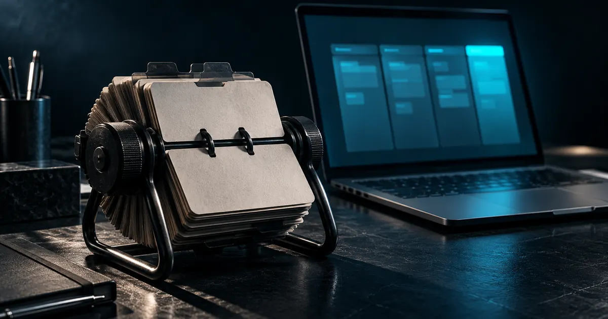 Fichário rotativo de cartões de contato ao lado de um notebook