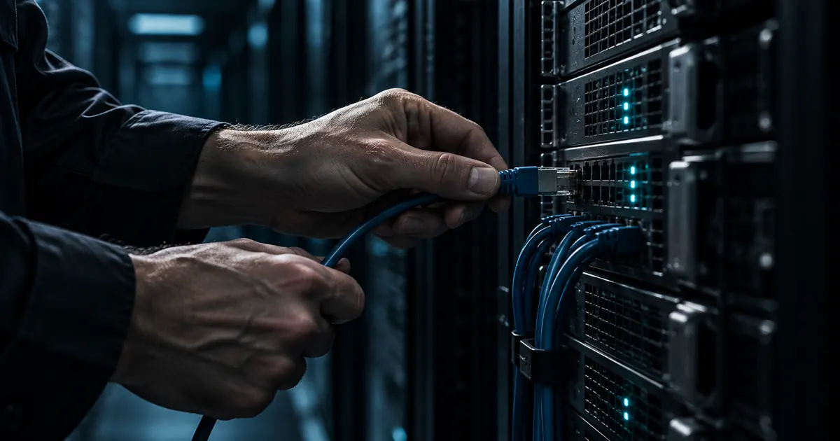 Mãos conectando um cabo de rede em um rack de servidores