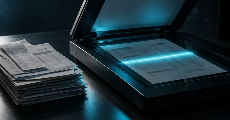 Scanner de mesa com a luz da varredura acesa ao lado de uma pilha de notas fiscais