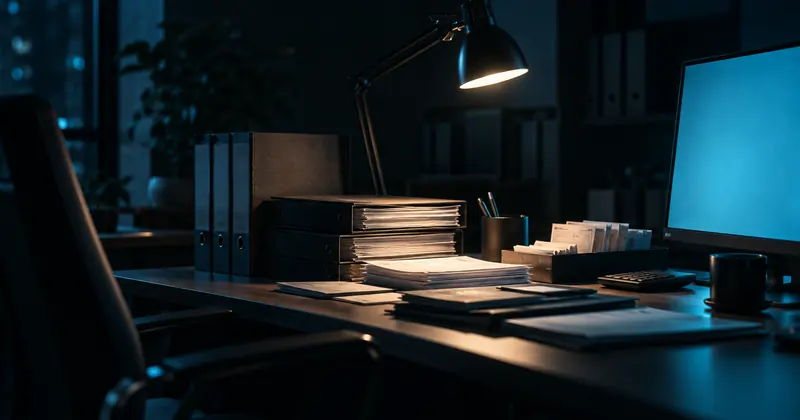 Mesa de escritório à noite com pastas de documentos, luminária e monitor aceso