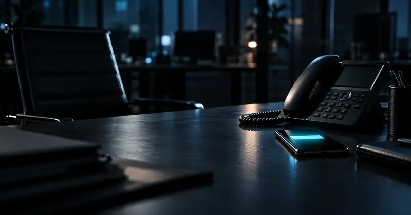 Telefone de mesa e celular com notificação sobre a mesa de um time comercial