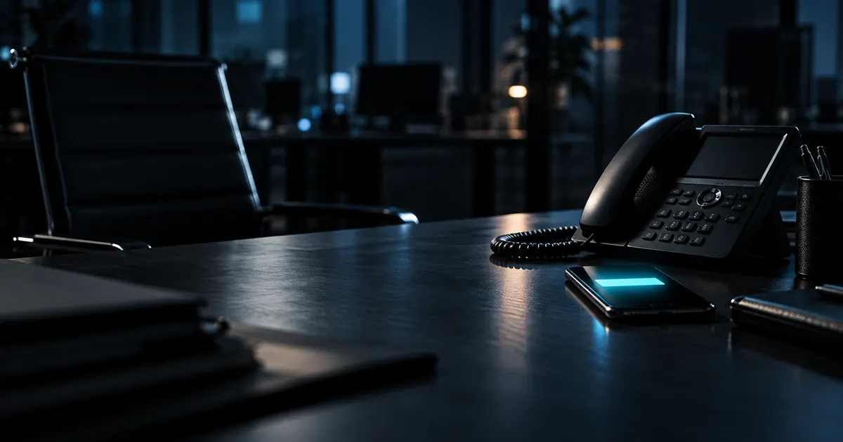 Telefone de mesa e celular com notificação sobre a mesa de um time comercial