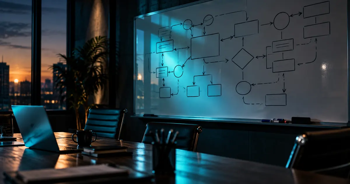 Quadro branco com diagramas de caixas e setas em uma sala de reunião