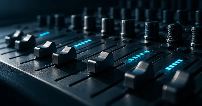 Mesa de som com faders e canais iluminados em alturas diferentes