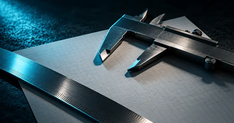 Régua metálica e paquímetro sobre papel milimetrado