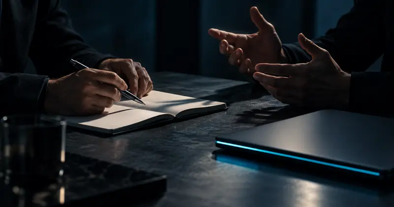 Mãos de duas pessoas conversando sobre uma mesa de reunião