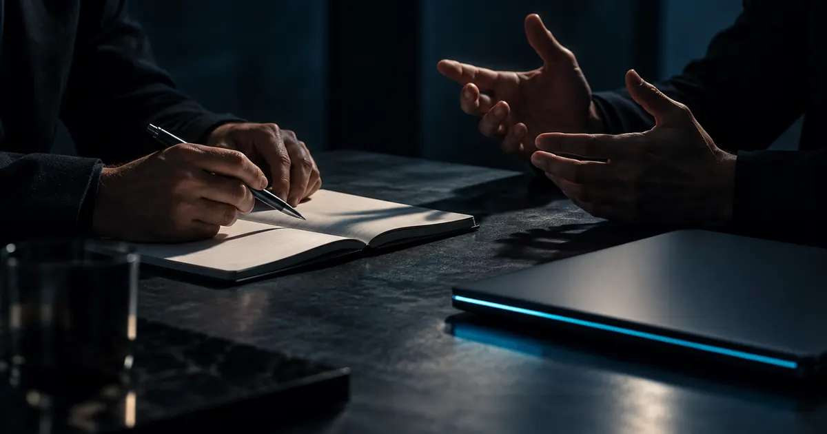 Mãos de duas pessoas conversando sobre uma mesa de reunião