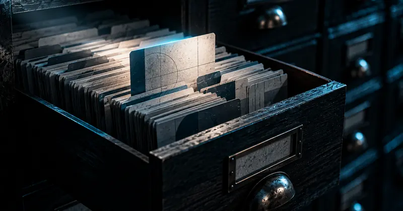 Gaveta de fichário de biblioteca com uma ficha levantada e iluminada