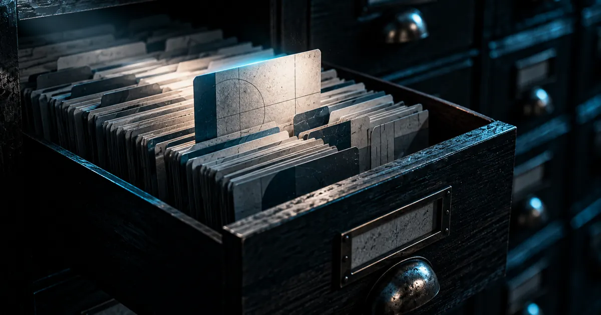 Gaveta de fichário de biblioteca com uma ficha levantada e iluminada