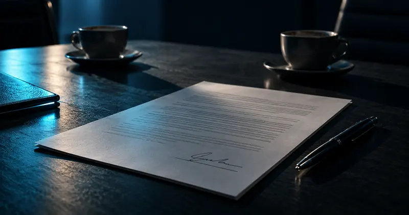 Contrato assinado sobre a mesa de reunião, com caneta e xícaras de café