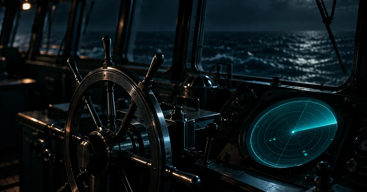 Ponte de comando de um navio à noite, com o timão e o radar aceso