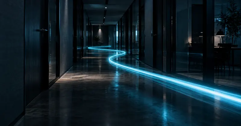 Rastro de luz percorrendo o corredor de um prédio comercial à noite