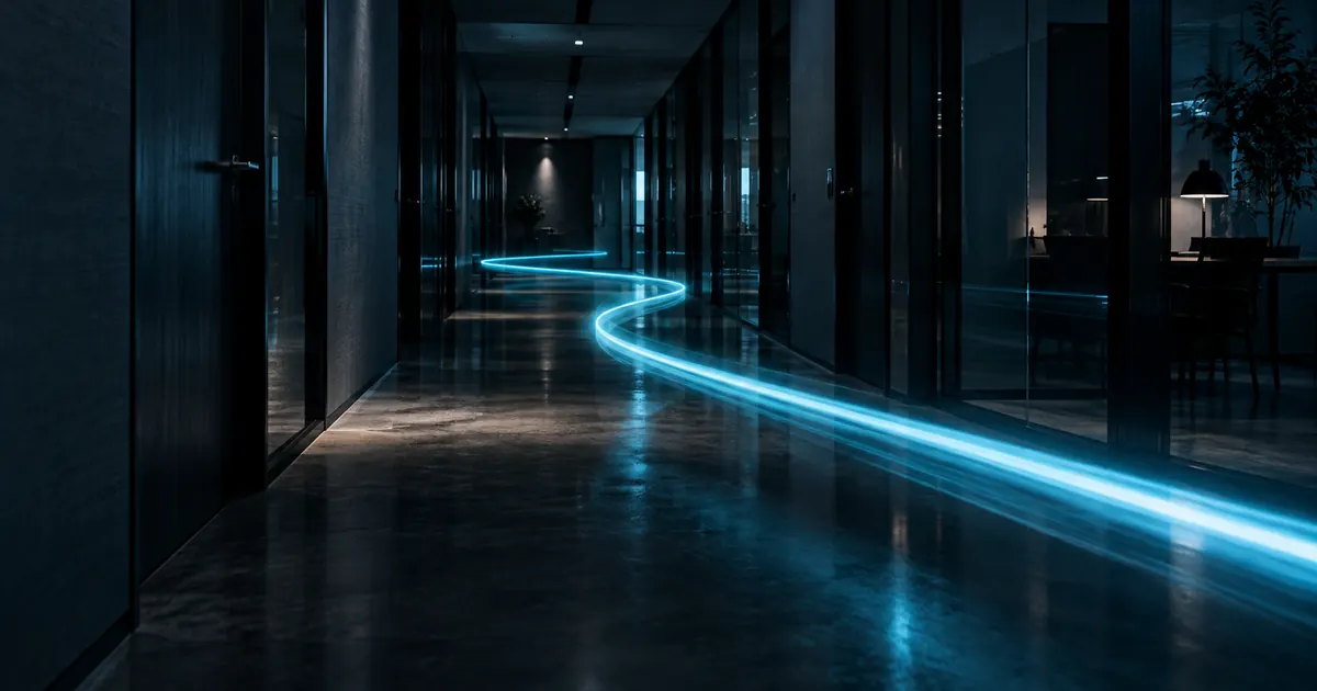 Rastro de luz percorrendo o corredor de um prédio comercial à noite