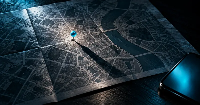 Mapa de papel de uma cidade com um alfinete marcando um ponto e um celular ao lado