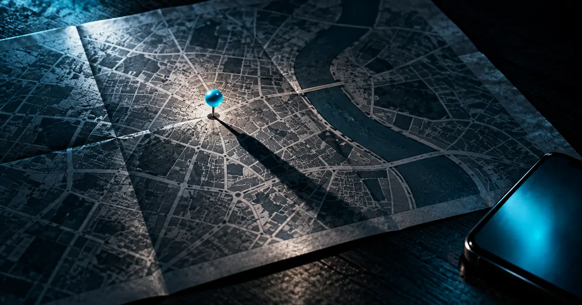 Mapa de papel de uma cidade com um alfinete marcando um ponto e um celular ao lado
