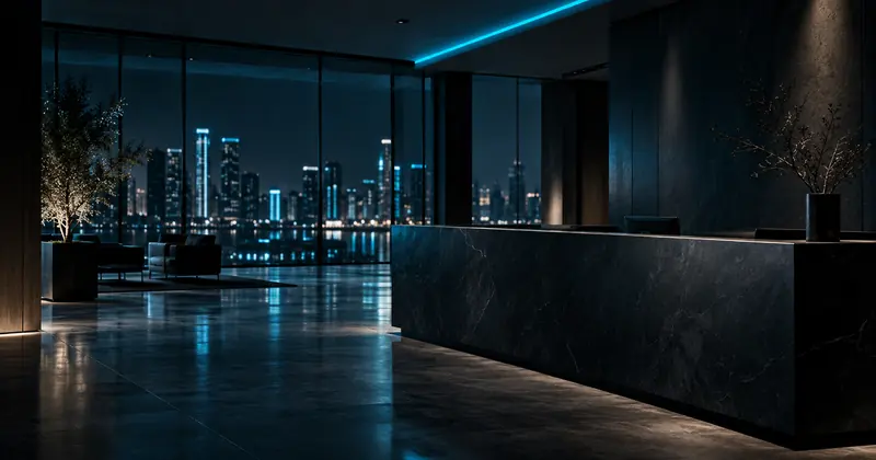 Recepção de escritório corporativo vazia à noite, com balcão de pedra e vista da cidade