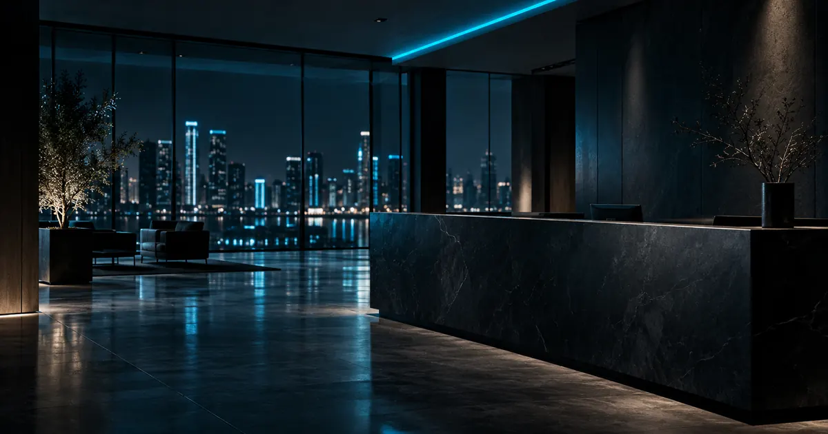 Recepção de escritório corporativo vazia à noite, com balcão de pedra e vista da cidade