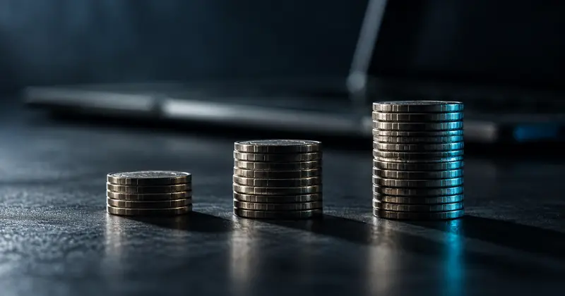 Três pilhas de moedas de alturas crescentes sobre uma mesa escura