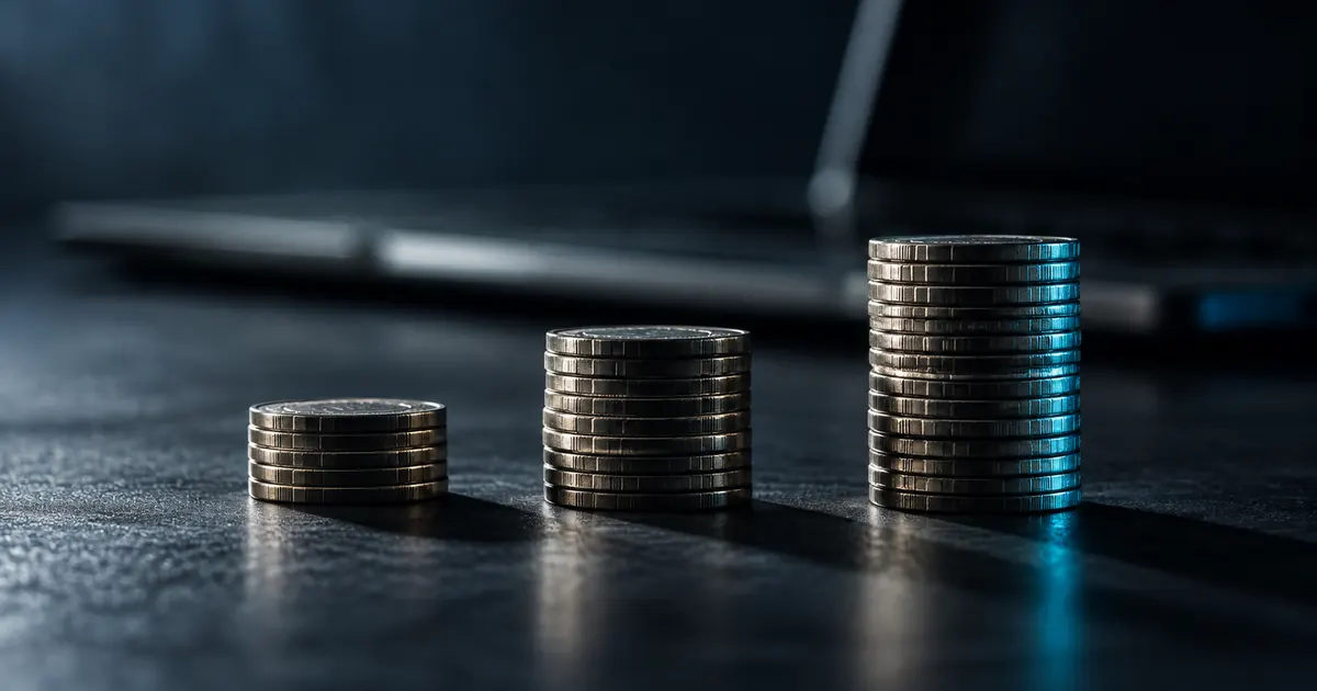 Três pilhas de moedas de alturas crescentes sobre uma mesa escura