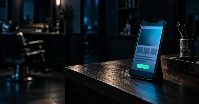 Celular exibindo um site no balcão de uma barbearia fechada à noite