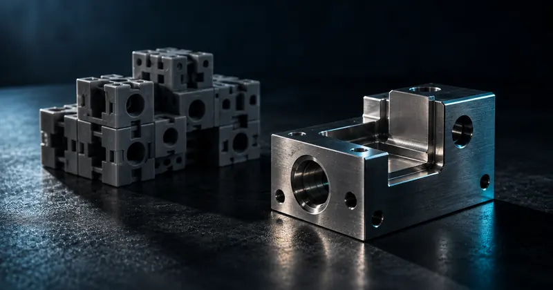 Peças modulares de encaixe ao lado de um bloco de metal usinado sob medida