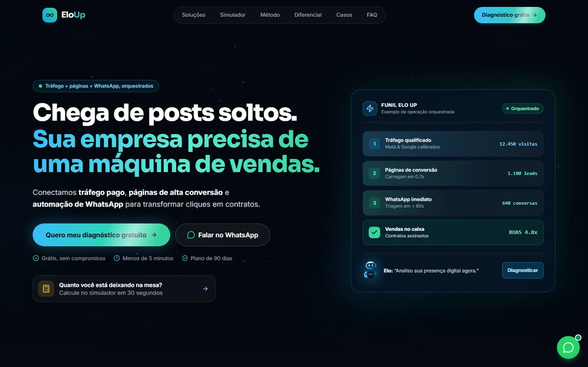 Página inicial do site da Elo Up no computador