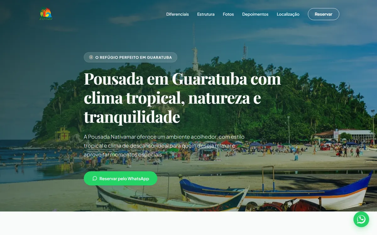 Página inicial do site da Pousada Nativamar no computador